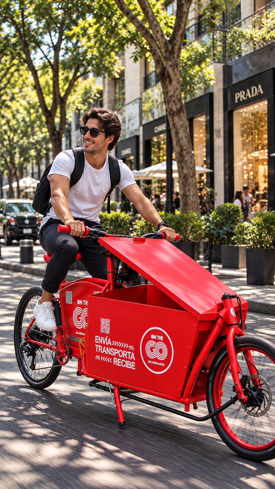 Mensajero de On The Go con bicicleta de carga en la ciudad